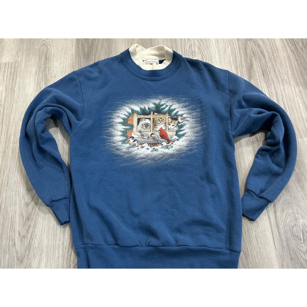 Morning Sun Womens Vintage Cat Bird Winter Graphic Sweatshirt Cotton M Blue USA